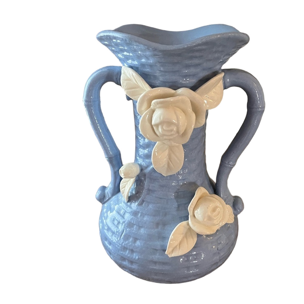 Vintage Moriyama Mori-Machi Blue Pottery Vase Applied Roses Japan 8.5"